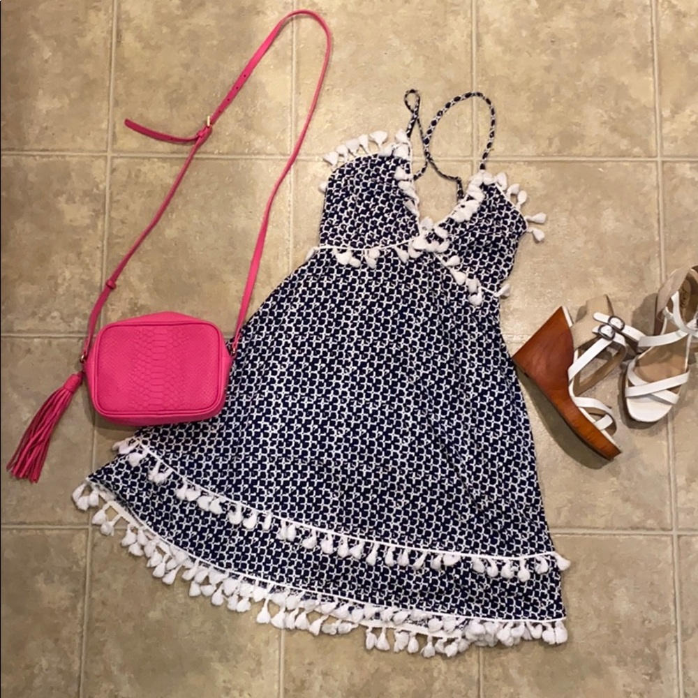 Victoria + Sophia blue and white fringed dress